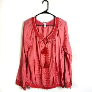 Lucky Brand Boho Top Women XL Orange Pink Cotton Peasant Embroidered Boho 70s